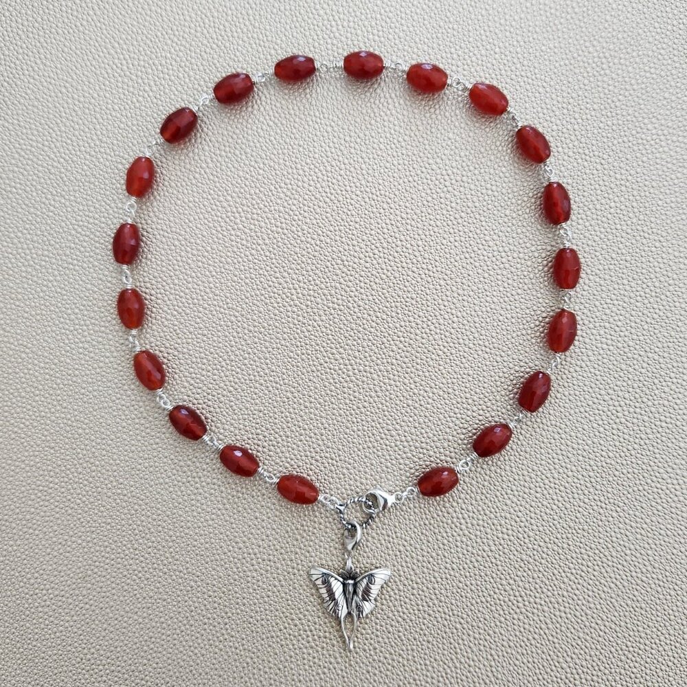 CARNELIAN NECKLACE W/ 925 SILVER LUNA MOTH PENDANT--16"